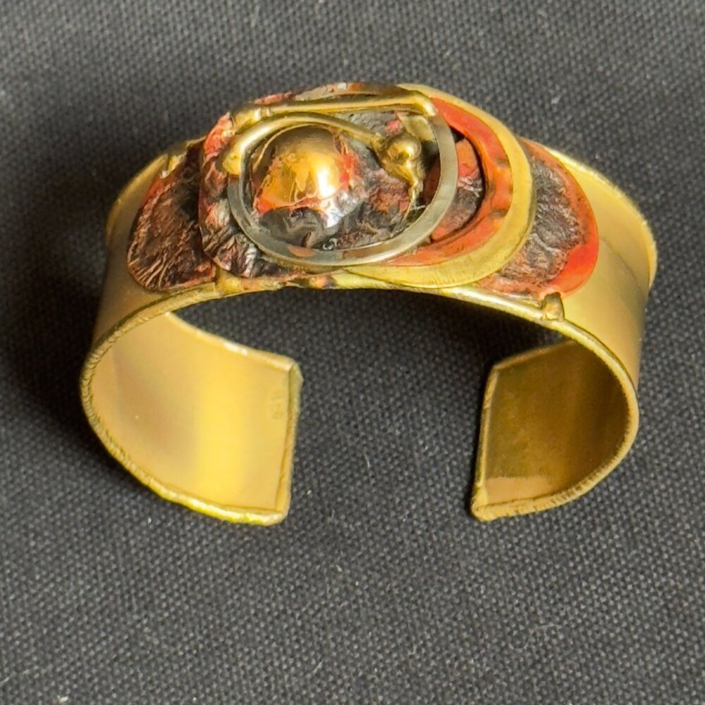 South African Hand-crafted Brass Cuff Bracelet Abstract Red Gold Metal Accents - Picture 2 of 13